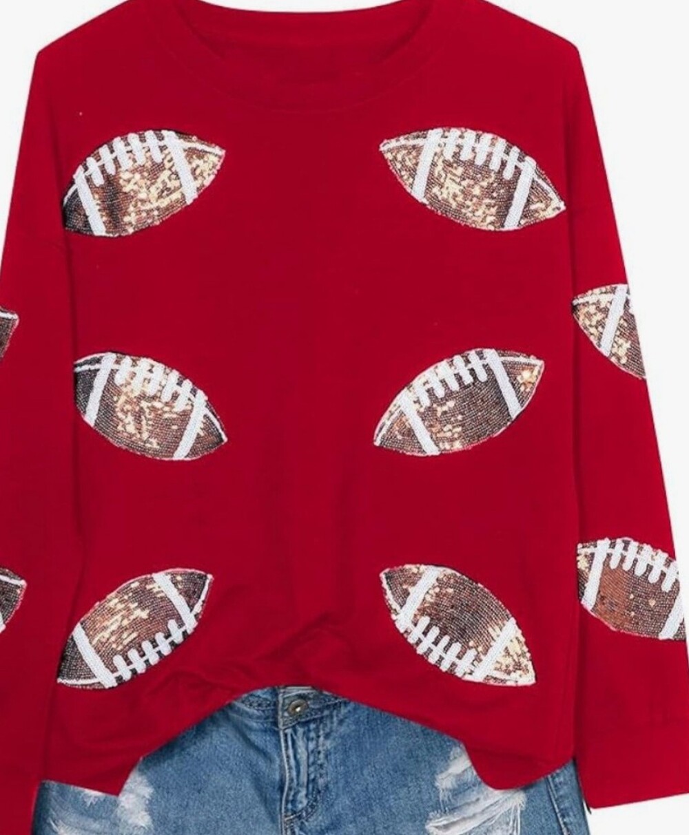 New Red Sequin Football Pullover Sweatshirt - Picture 3 of 6